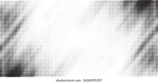 Grunge halftone gradient background. Faded grit noise texture. White and black sand wallpaper. Retro pixelated backdrop. Anime or manga style comic overlay. Vector graphic design textured template
