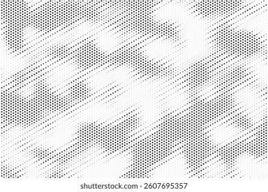 Grunge halftone gradient background. Faded grit noise texture. White and black sand wallpaper. Retro pixelated backdrop. Anime or manga style comic overlay. Vector graphic design textured template