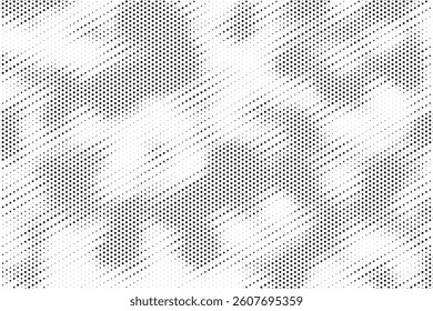 Grunge halftone gradient background. Faded grit noise texture. White and black sand wallpaper. Retro pixelated backdrop. Anime or manga style comic overlay. Vector graphic design textured template