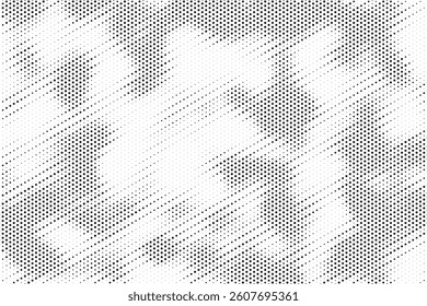 Grunge halftone gradient background. Faded grit noise texture. White and black sand wallpaper. Retro pixelated backdrop. Anime or manga style comic overlay. Vector graphic design textured template