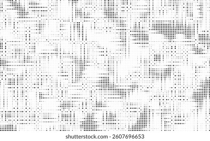 Grunge halftone gradient background. Faded grit noise texture. White and black sand wallpaper. Retro pixelated backdrop. Anime or manga style comic overlay. Vector graphic design textured template