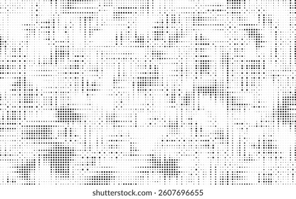 Grunge halftone gradient background. Faded grit noise texture. White and black sand wallpaper. Retro pixelated backdrop. Anime or manga style comic overlay. Vector graphic design textured template