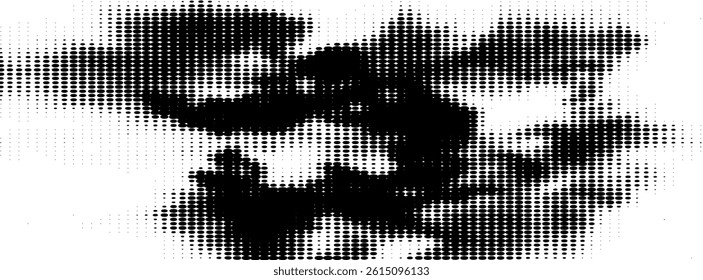 Grunge halftone gradient background. Faded grit noise texture. White and black sand wallpaper. Retro pixelated backdrop. Anime or manga style comic