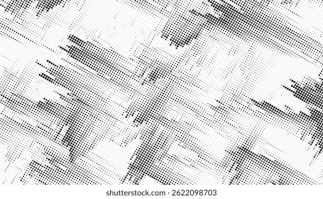Grunge halftone gradient background. Faded grit noise texture. White and black sand wallpaper. Retro pixelated backdrop. Anime or manga style comic overlay. Vector graphic design textured template
