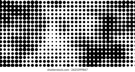 Grunge halftone gradient background. Faded grit noise texture. White and black sand wallpaper. Retro pixelated backdrop.