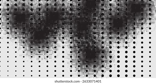 Grunge halftone gradient background. Faded grit noise texture. White and black sand wallpaper. Retro pixelated backdrop. good simple art