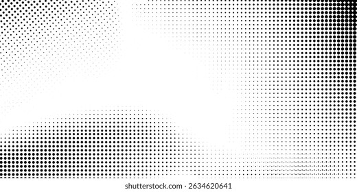 Grunge halftone gradient background. Faded grit noise texture. White and black sand wallpaper. Retro pixelated backdrop. Anime or manga style comic overlay. Vector graphic design textured template