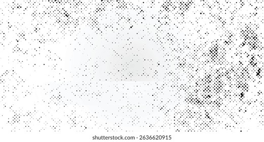 Grunge halftone gradient background. Faded grit noise texture. White and black sand wallpaper. Retro pixelated backdrop. Anime or manga style comic modern arts