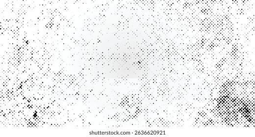 Grunge halftone gradient background. Faded grit noise texture. White and black sand wallpaper. Retro pixelated backdrop. Anime or manga style comic modern arts