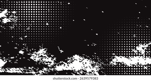 Grunge halftone gradient background. Faded grit noise texture. White and black sand wallpaper. Retro pixelated backdrop. Anime or manga style comic overlay. modern dot
