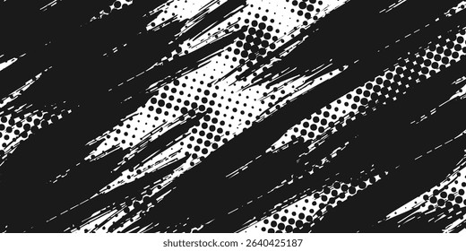 Grunge halftone gradient background. Faded grit noise texture. White and black sand wallpaper. Retro pixelated backdrop. Anime or manga style comic overlay. Vector graphic design textured template