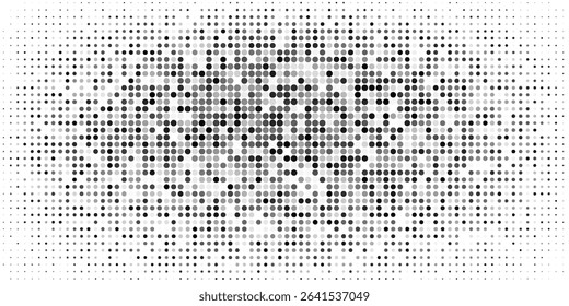 Grunge halftone gradient background. Faded dotted grit noise texture. Black and white rasterized sand wallpaper. Retro pixelated bitmap backdrop. 