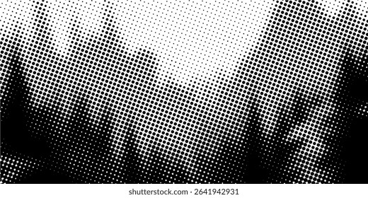 Grunge halftone gradient background. Faded grit noise texture. White and black sand wallpaper. Retro pixelated backdrop. Anime or manga style comic overlay. graphic design textured template. eps10