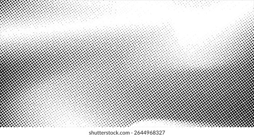 Grunge halftone gradient background. Faded grit noise texture. White and black sand wallpaper. Retro pixelated backdrop. Anime or manga style comic overlay. Vector graphic design textured template