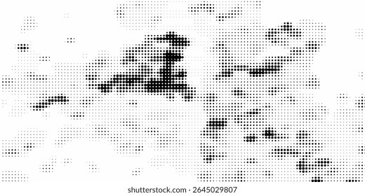 Grunge halftone gradient background. Faded grit noise texture. White and black sand wallpaper. Retro pixelated backdrop. Anime or manga style comic overlay. Vector
