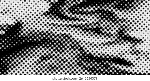 Grunge halftone gradient background. Faded grit noise texture. White and black sand wallpaper. Retro pixelated backdrop. Anime or manga style comic overlay. Vector graphic design textured template