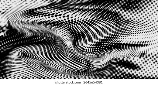 Grunge halftone gradient background. Faded grit noise texture. White and black sand wallpaper. Retro pixelated backdrop. Anime or manga style comic overlay. Vector graphic design textured template