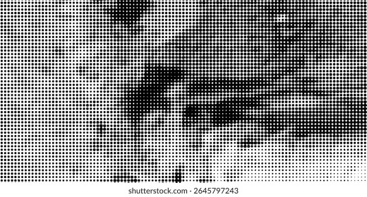 Grunge halftone gradient background. Faded grit noise texture. White and black sand wallpaper. Retro pixelated backdrop. Anime or manga style comic overlay. Vector graphic design textured template