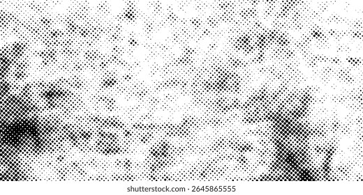 Grunge halftone gradient background. Faded grit noise texture. White and black sand wallpaper. Retro pixelated backdrop. Anime or manga style comic