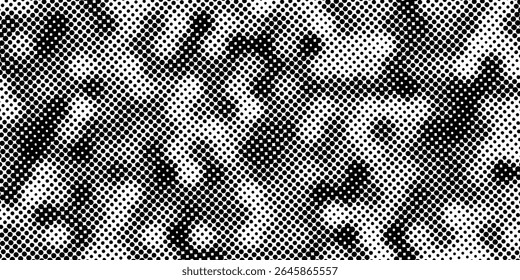 Grunge halftone gradient background. Faded grit noise texture. White and black sand wallpaper. Retro pixelated backdrop. Anime or manga style comic