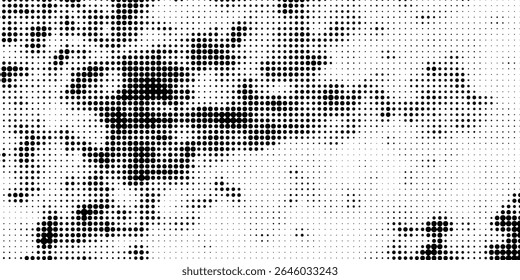 Grunge halftone gradient background. Faded grit noise texture. White and black sand wallpaper. Retro pixelated backdrop. Anime or manga style comic overlay. Vector graphic design textured template