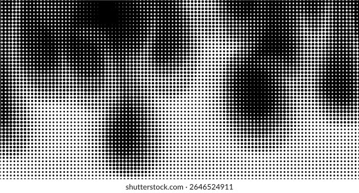 Grunge halftone gradient background. Faded grit noise texture. White and black sand wallpaper. Retro pixelated backdrop. Anime or manga style comic overlay. Vector graphic design textured template