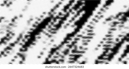 Grunge halftone gradient background. Faded grit noise texture. White and black sand wallpaper. Retro pixelated backdrop. Anime or manga style comic