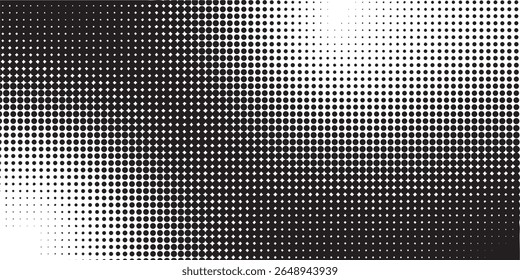 Grunge halftone gradient background. Faded dotted grit noise texture. Black and white rasterized sand wallpaper. Retro pixelated bitmap backdrop. Aged anime or manga comic grain overlay. Vector