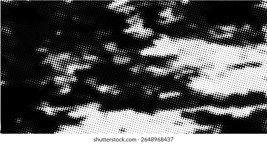 Plano de fundo gradiente de meio-tom do Grunge. Textura de ruído de grão desbotado. Papel de parede de areia branca e preta. Fundo retro pixelizado. Anime ou manga estilo história em quadrinhos. Modelo texturizado de design gráfico vetorial