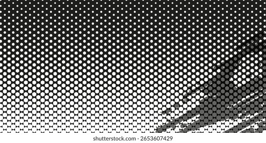 Grunge halftone gradient background. Faded grit noise texture. White and black sand wallpaper. Retro pixelated backdrop. Anime or manga style comic overlay. Vector graphic design textured template