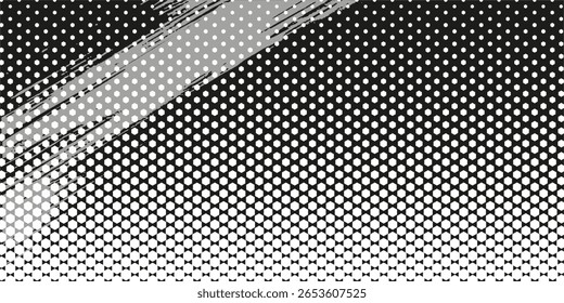 Grunge halftone gradient background. Faded grit noise texture. White and black sand wallpaper. Retro pixelated backdrop. Anime or manga style comic overlay. Vector graphic design textured template