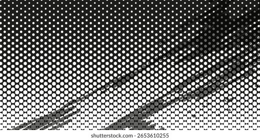 Grunge halftone gradient background. Faded grit noise texture. White and black sand wallpaper. Retro pixelated backdrop. Anime or manga style comic overlay. Vector graphic design textured template