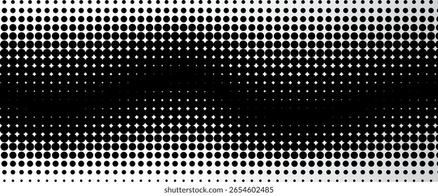 Grunge halftone gradient background. Faded grit noise texture. White and black sand wallpaper. Retro pixelated backdrop. Anime or manga style comic overlay. Vector graphic design textured template