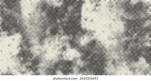 Grunge medio tono gradiente de fondo. Textura de ruido de grano desvanecido. Fondo de pantalla de arena blanco y negro. Fondo pixelado retro. Superposición de cómic de estilo anime o manga. Plantilla texturizada de Diseño gráfico de Vector