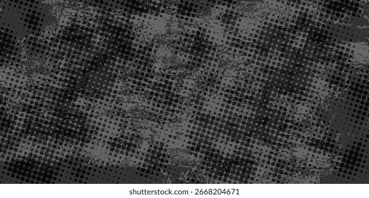 Grunge halftone gradient background. Faded grit noise texture. White and black sand wallpaper. Retro pixelated backdrop