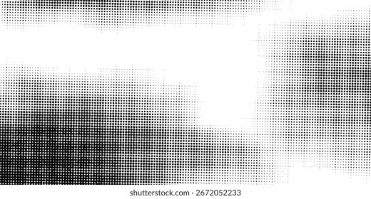 Grunge halftone gradient background. Faded grit noise texture. White and black sand wallpaper. Retro pixelated backdrop. Anime or manga style comic overlay. Vector graphic design textured template