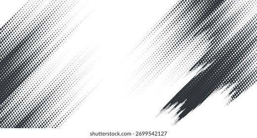 Grunge halftone gradient background. Faded grit noise texture. White and black sand wallpaper. Retro pixelated backdrop. Anime or manga style comic overlay.