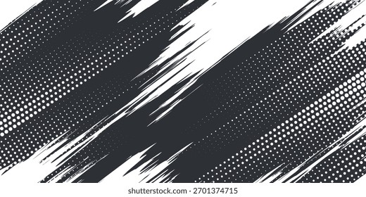 Grunge halftone gradient background. Faded grit noise texture. White and black sand wallpaper. Retro pixelated backdrop. Anime or manga style comic overlay. Vector graphic design textured template