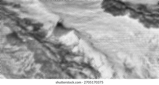  Grunge halftone gradient background. Faded grit noise texture. White and black sand wallpaper. Retro pixelated backdrop. Anime or manga style comic overlay. Vector graphic design textured template
