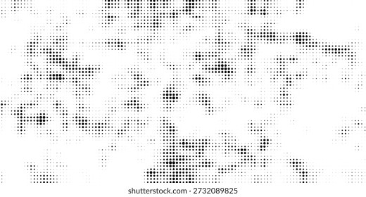 Grunge halftone gradient background. Faded grit noise texture. White and black sandy wallpaper. Retro pixelated backdrop. Anime or manga style comic overlay. Vector graphic design textured template
