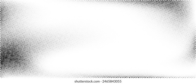 Fondo grunge de degradado de semitono. Textura de ruido de arenilla descolorida. Fondo de pantalla arenoso blanco y negro. Fondo pixelado retro. Anime o manga estilo cómic superposición. Plantilla texturizada de Diseño gráfico de Vector