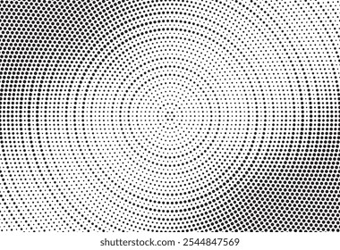 Grunge halftone gradient background. Radial spin effect dotted background. Retro pixelated backdrop. Anime or manga style comic overlay. Vector graphic design textured template