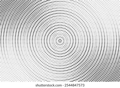 Grunge halftone gradient background. Radial spin effect dotted background. Retro pixelated backdrop. Anime or manga style comic overlay. Vector graphic design textured template