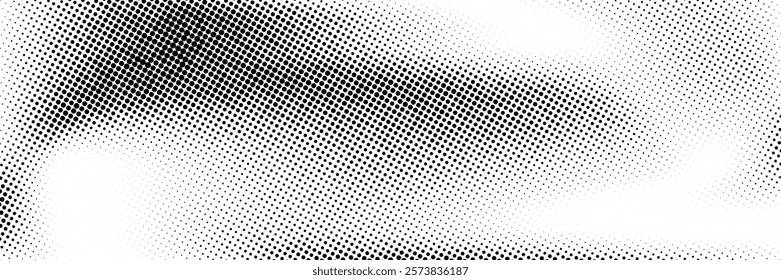 Grunge halftone gradient background. Retro pixelated bitmap backdrop. Faded rasterized gritty noise texture. Black and white dotted sand grain wallpaper. Vector aged anime or manga comic overlay