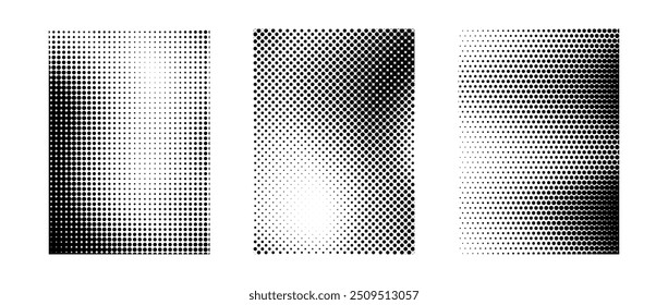 Grunge medio tono gradiente conjunto de fondo. Colección de textura de ruido de arena de grano blanco y negro. Retro punteado pixelado raster backdrop pack. Superposición de lunares de dibujos animados para Anuncio, póster, impresión. Vector