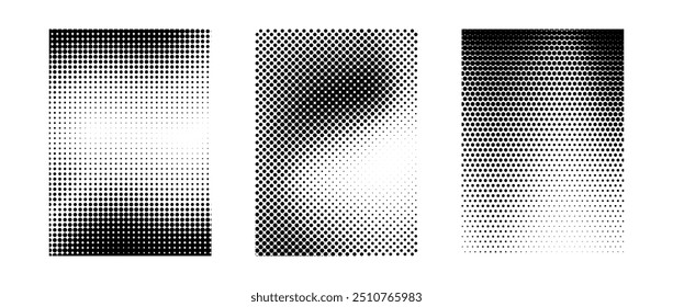 Grunge halftone gradient background set. White and black grit sand noise texture collection. Retro dotted pixelated raster backdrop pack. Comic polka dot overlay for banner, poster, print. Vector