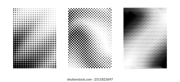 Grunge halftone gradient background set. Black grit sand noise texture collection. Retro dotted pixelated backdrop pack. Comic polka dot overlay with raster effect for banner, poster, print. Vector