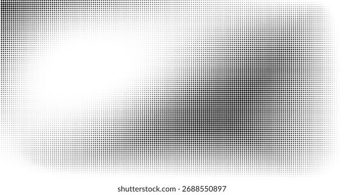Grunge halftone gradient. Distressed vanishing grit noise background. Retro pixelated bitmap backdrop texture. Black and white sand wallpaper. Vector textured gritty surface. Anime manga comic overlay