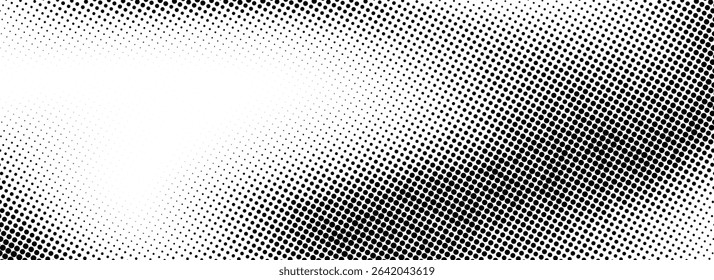 Grunge halftone gradient texture. Black weathered grit noise background. Fading gritty sand wallpaper. Retro pixelated backdrop. Anime or manga style comic overlay. Vector textured template surface