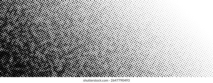 Grunge halftone gradient texture. Black pixelated corner backdrop. Weathered grit noise background. Damaged glitched print overlay. Fade gritty sand wallpaper. Vector smudged texture template surface